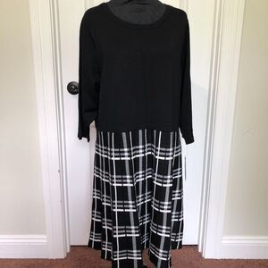 BCX Womens Dress 1X Black Plus Plaid Skirt Fit Flare‎ 3/4 Sleeve Sweater NWT